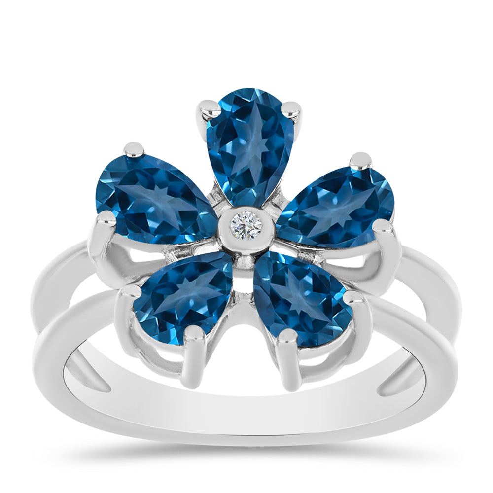Anillo de Plata con Topacio Azul Londres y Topacio Blanco 3 