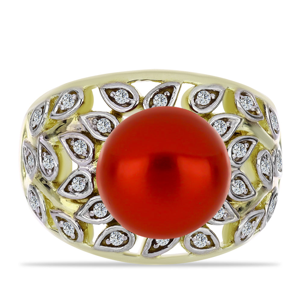 Anillo de Plata Bañada en Oro con Perla roja de río y Topacio Blanco