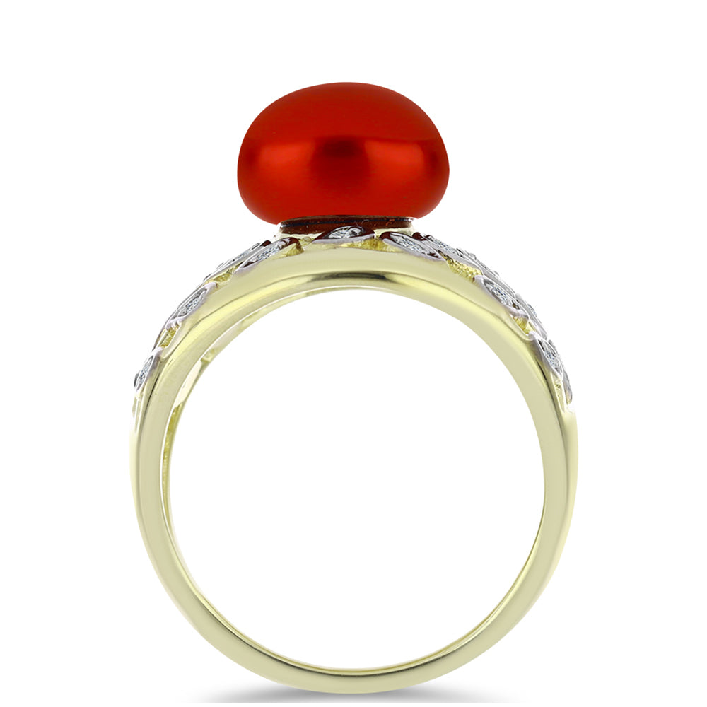 Anillo de Plata Bañada en Oro con Perla roja de río y Topacio Blanco 2 