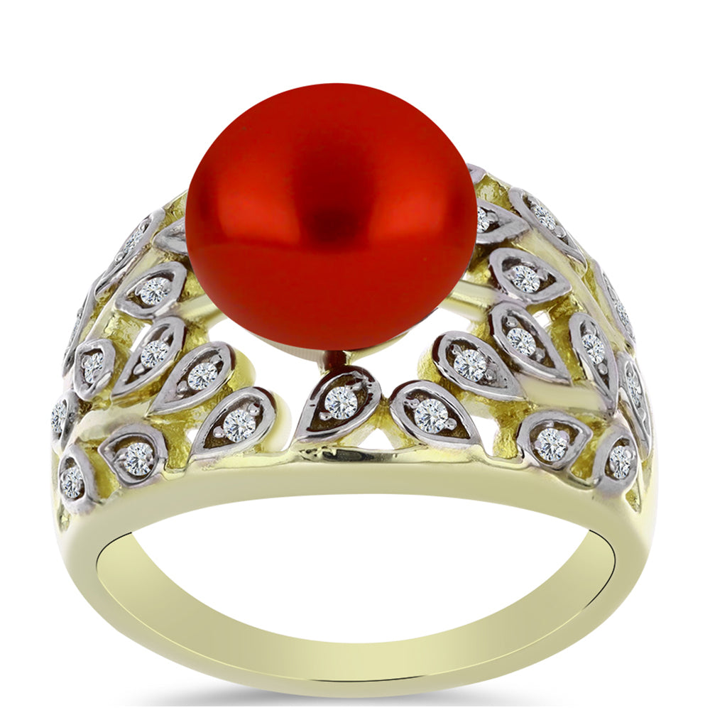 Anillo de Plata Bañada en Oro con Perla roja de río y Topacio Blanco 3 