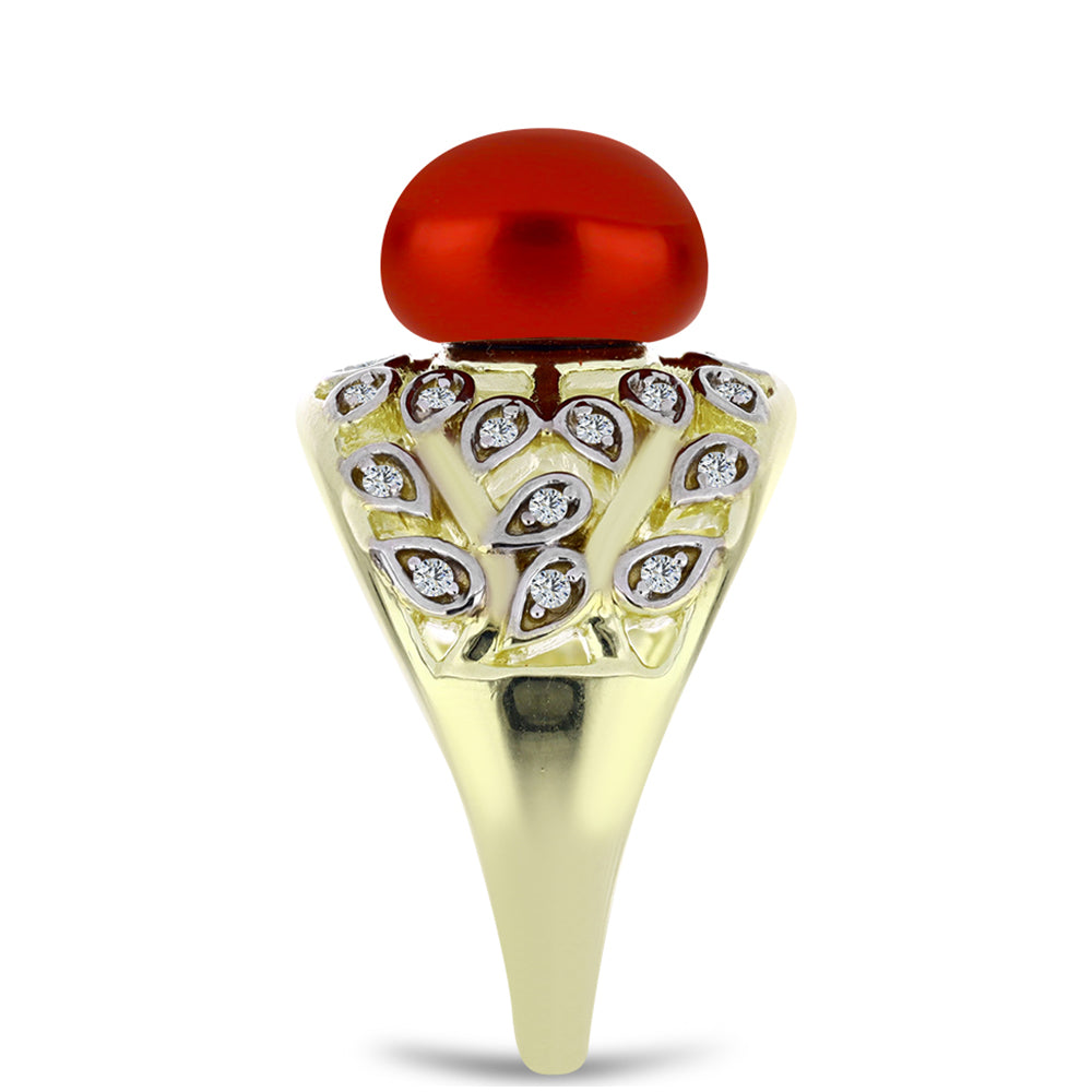 Anillo de Plata Bañada en Oro con Perla roja de río y Topacio Blanco 4 