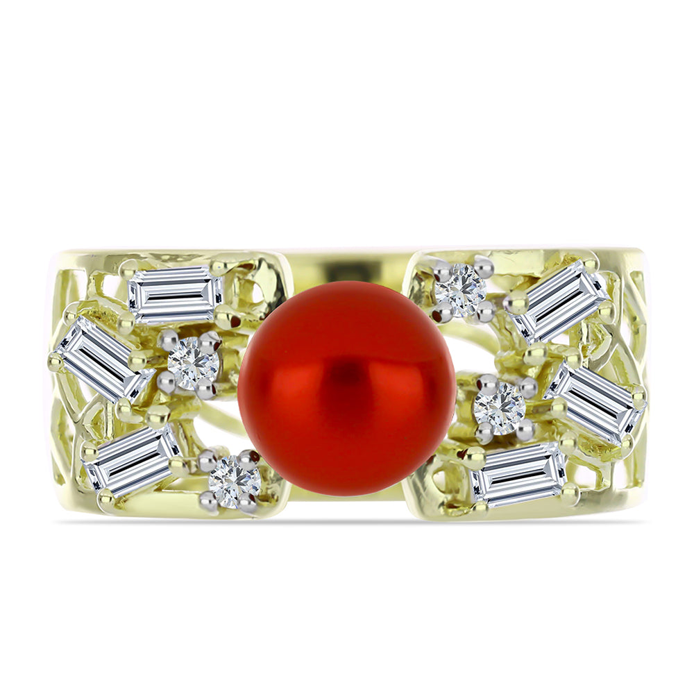 Anillo de Plata Bañada en Oro con Perla roja de río y Topacio Blanco 1 