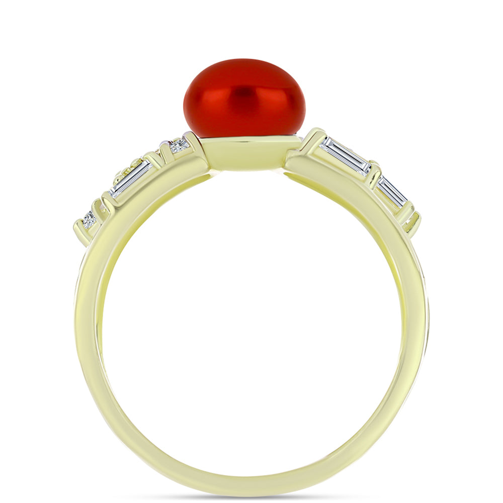 Anillo de Plata Bañada en Oro con Perla roja de río y Topacio Blanco 2 