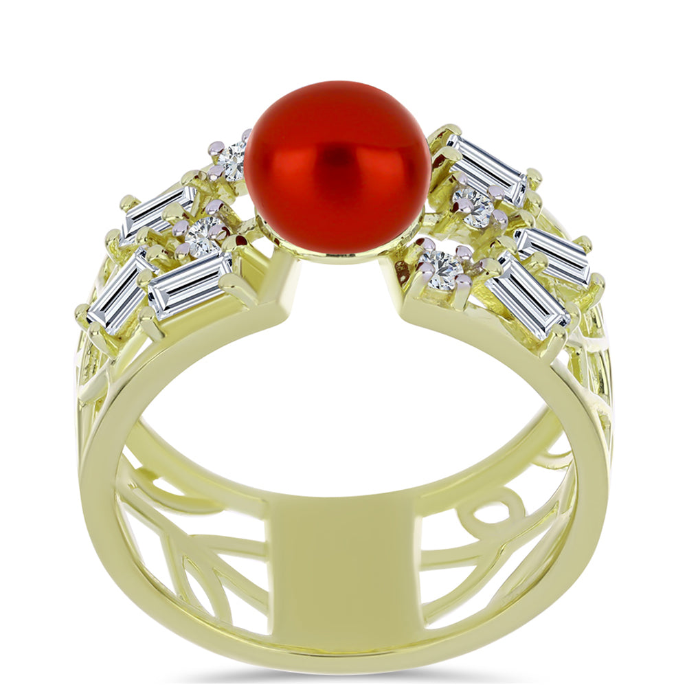Anillo de Plata Bañada en Oro con Perla roja de río y Topacio Blanco 3 