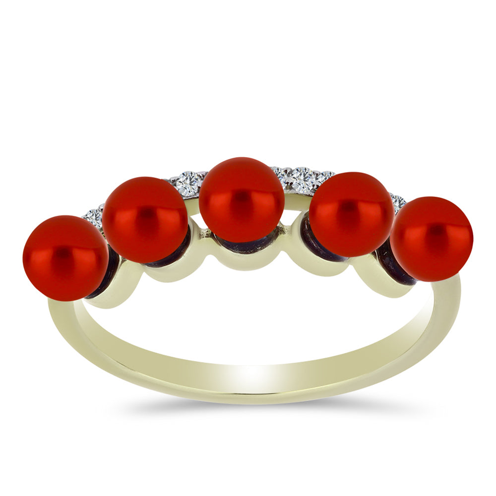 Anillo de Plata Bañada en Oro con Perla roja de río y Topacio Blanco