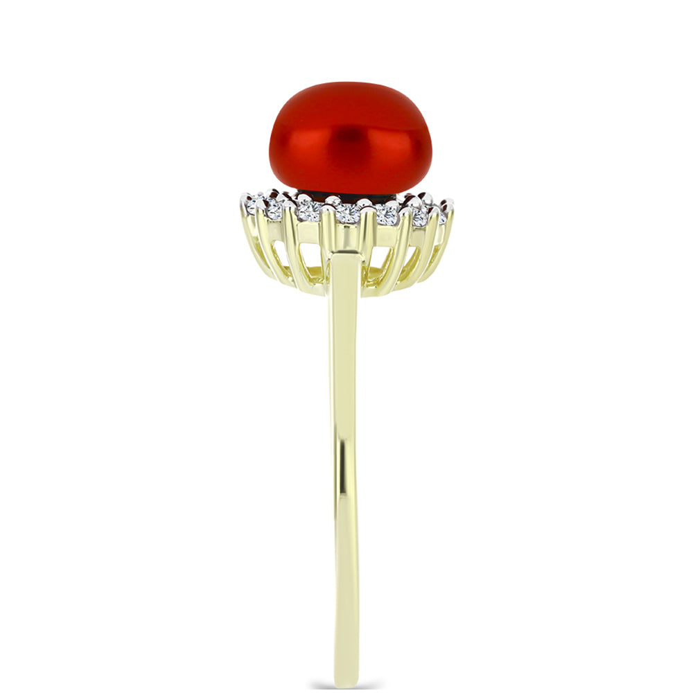 Anillo de Plata Bañada en Oro con Perla roja de río y Topacio Blanco 4 