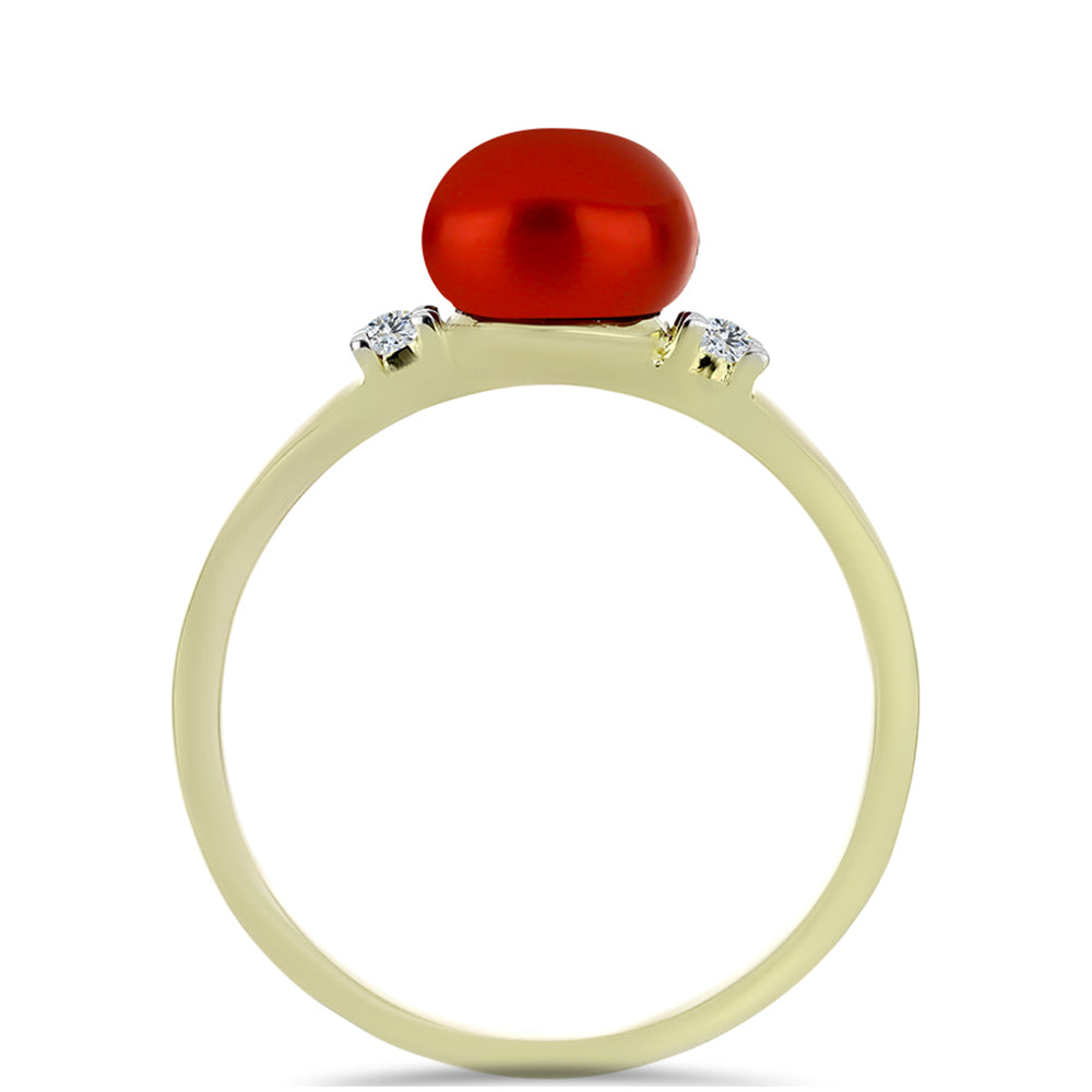 Anillo de Plata Bañada en Oro con Perla roja de río y Topacio Blanco 2 