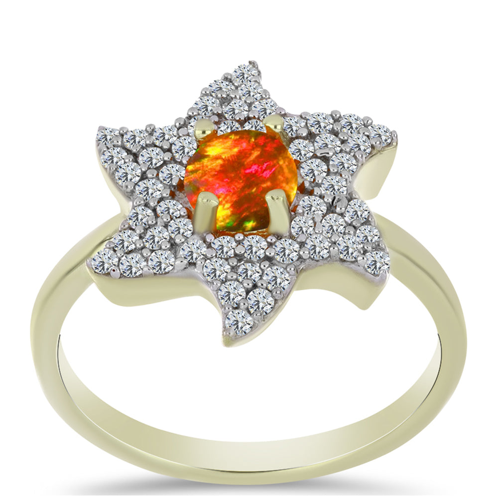 Anillo de Plata Bañada en Oro con Ópalo de fuego americano y Topacio Blanco