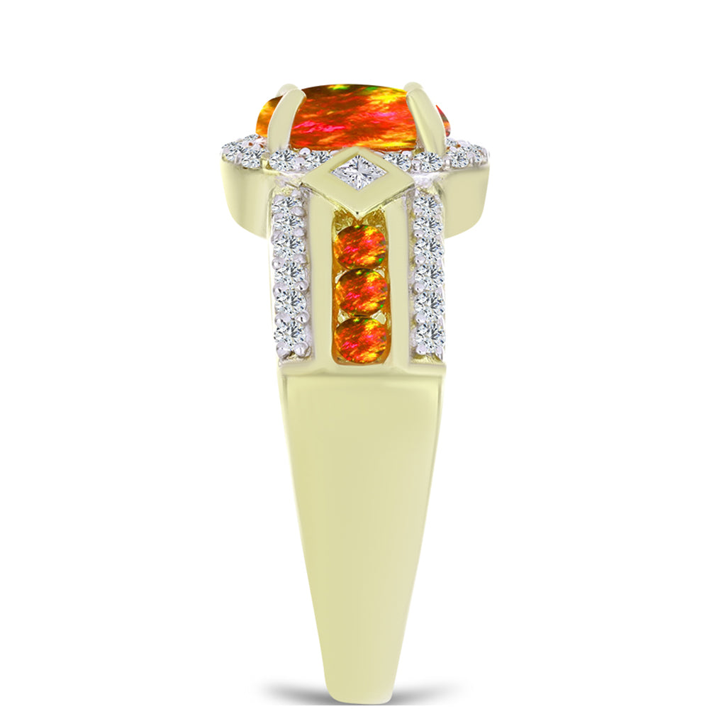 Anillo de Plata Bañada en Oro con Ópalo de fuego americano y Topacio Blanco 4 