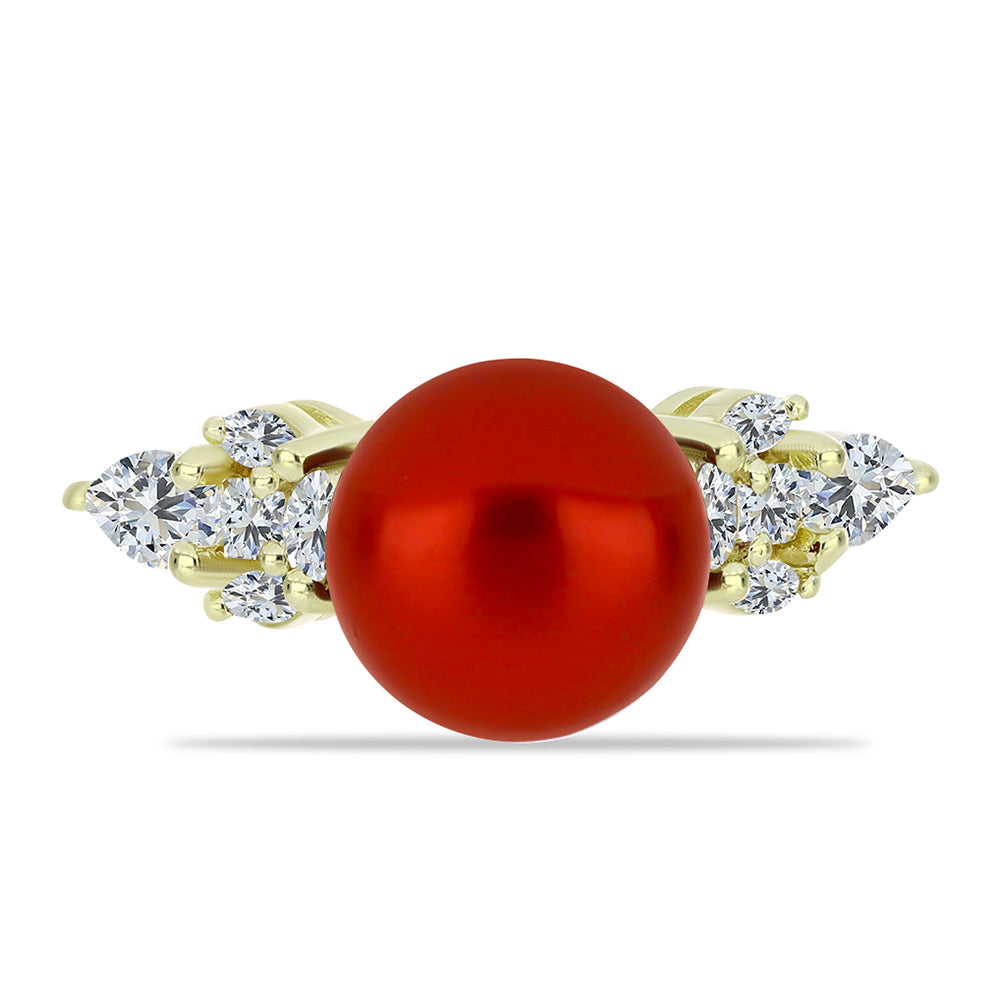 Anillo de Plata Bañada en Oro con Perla roja de río y Topacio Blanco 1 