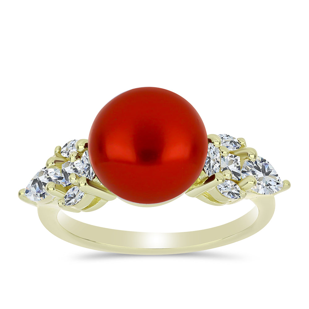 Anillo de Plata Bañada en Oro con Perla roja de río y Topacio Blanco
