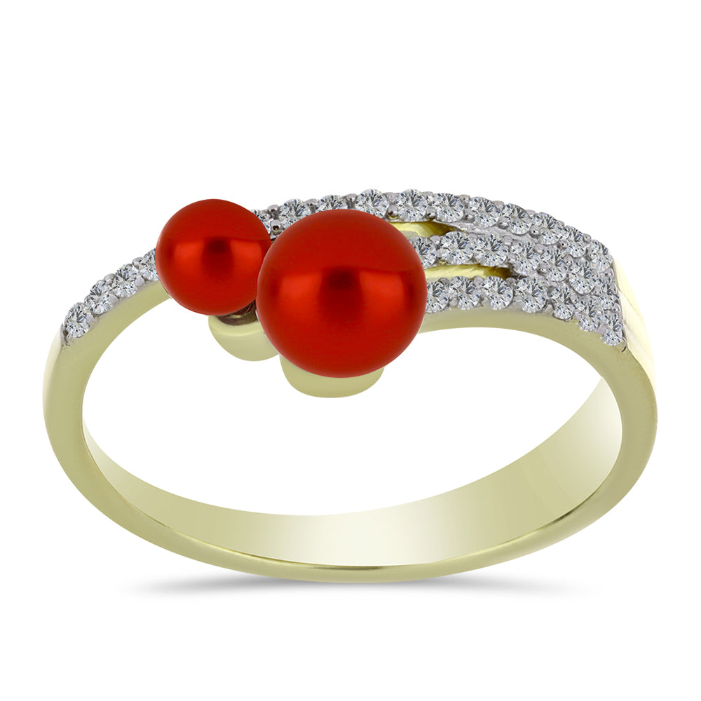 Anillo de Plata Bañada en Oro con Perla roja de río y Topacio Blanco 3 