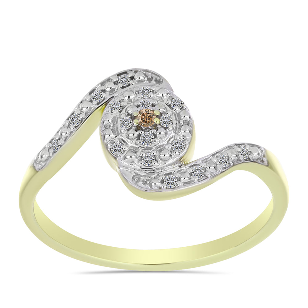 Anillo de Plata Bañada en Oro con Diamante Champagne y Diamante blanco