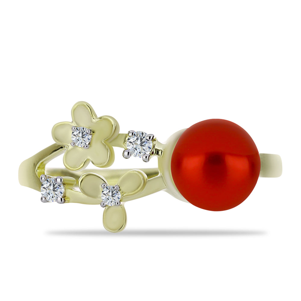 Anillo de Plata Bañada en Oro con Perla roja de río y Topacio Blanco