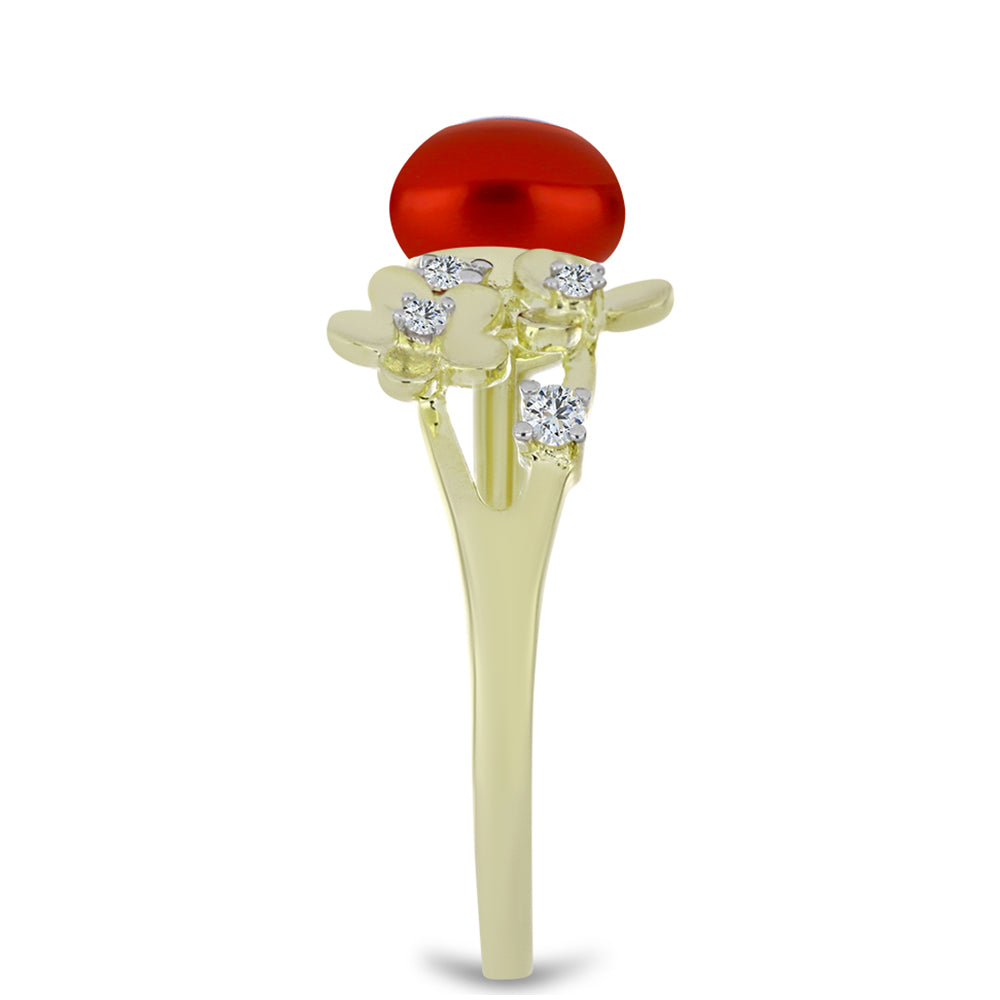 Anillo de Plata Bañada en Oro con Perla roja de río y Topacio Blanco 4 