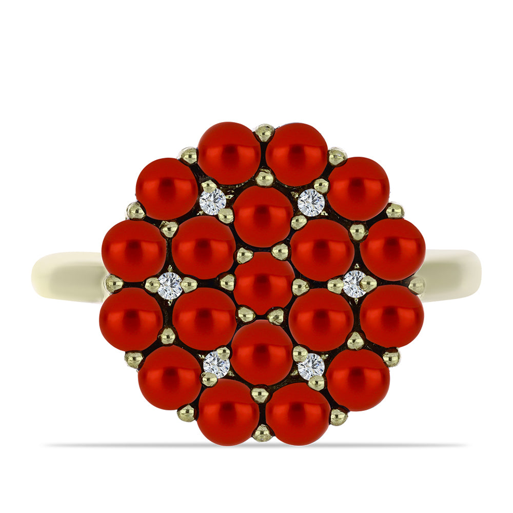 Anillo de Plata Bañada en Oro con Perla roja de río y Topacio Blanco 1 