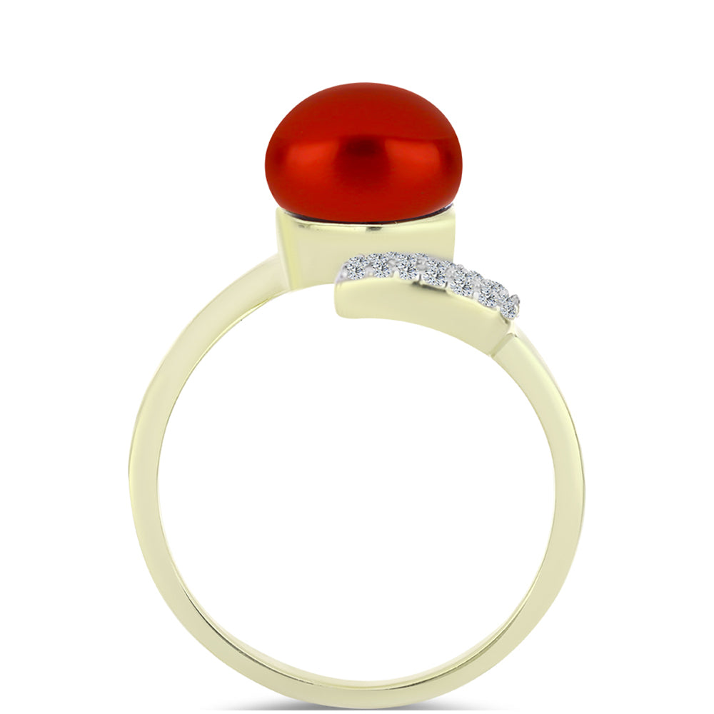 Anillo de Plata Bañada en Oro con Perla roja de río y Topacio Blanco 2 