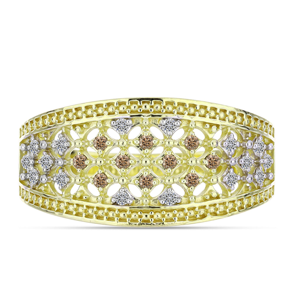 Anillo de Plata Bañada en Oro con Diamante Champagne y Diamante blanco 1 