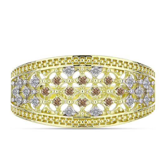 Anillo de Plata Bañada en Oro con Diamante Champagne y Diamante blanco