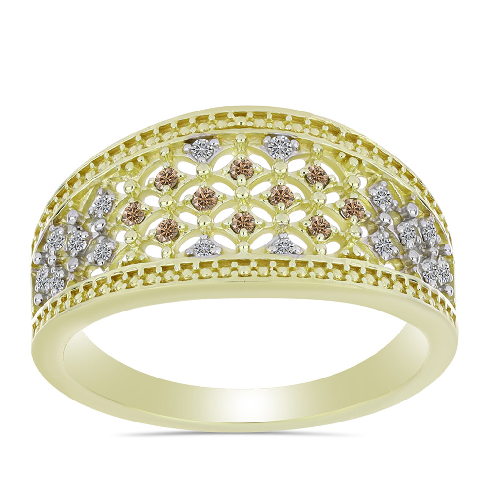 Anillo de Plata Bañada en Oro con Diamante Champagne y Diamante blanco 3 