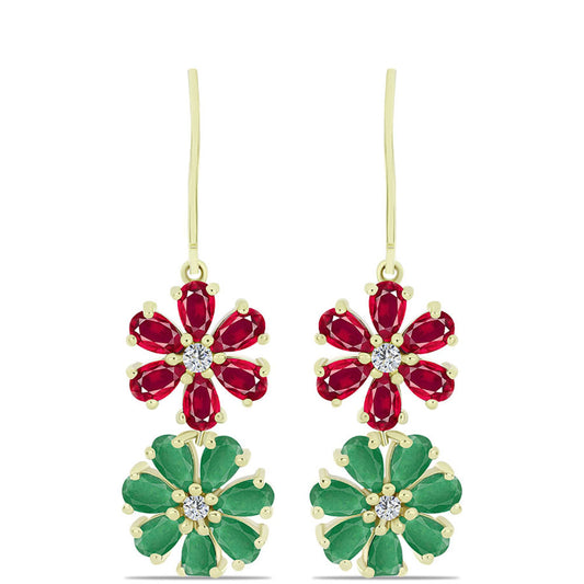 Pendientes de Plata Bañada en Oro con Rubí de Madagascar y Esmeralda de Brasil
