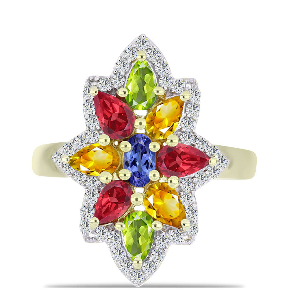 Anillo de Plata Bañada en Oro con Zafiro Arco Iris Rosebery y Topacio Blanco