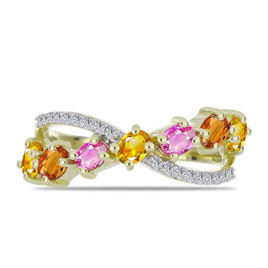 Anillo de Plata Bañada en Oro con Zafiro Arco Iris Rosebery y Topacio Blanco