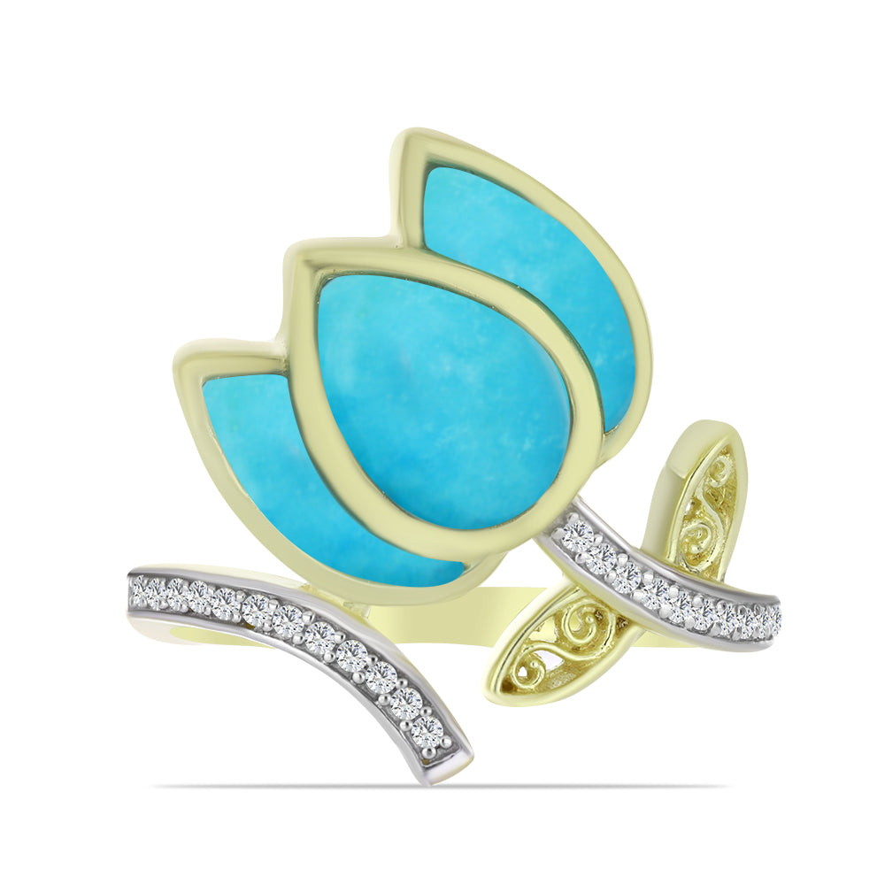 Anillo de Plata Bañada en Oro con Turquesa Bella Durmiente y Topacio Blanco 1 