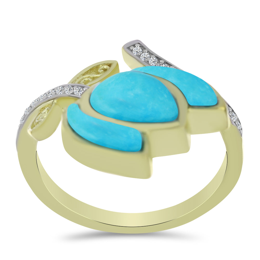 Anillo de Plata Bañada en Oro con Turquesa Bella Durmiente y Topacio Blanco 3 