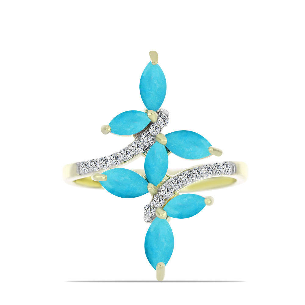 Anillo de Plata Bañada en Oro con Turquesa Bella Durmiente y Topacio Blanco 1 