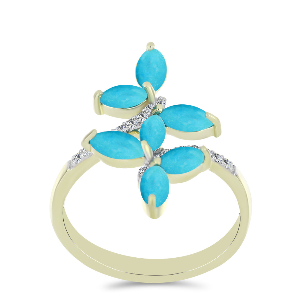 Anillo de Plata Bañada en Oro con Turquesa Bella Durmiente y Topacio Blanco 3 