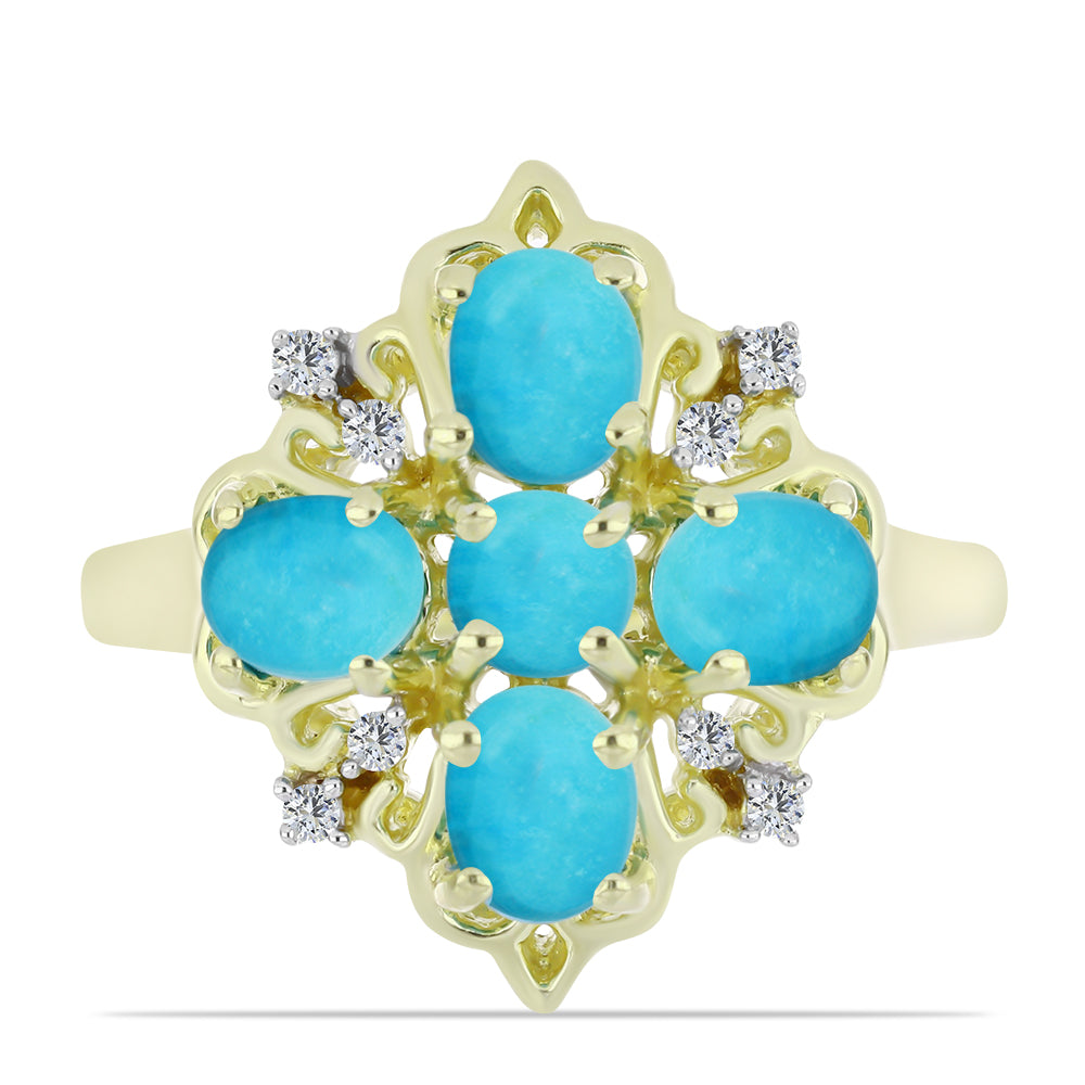 Anillo de Plata Bañada en Oro con Turquesa Bella Durmiente y Topacio Blanco 1 