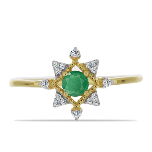 Anillo de Plata Bañada en Oro con Esmeralda de Brasil y Zircón Blanco