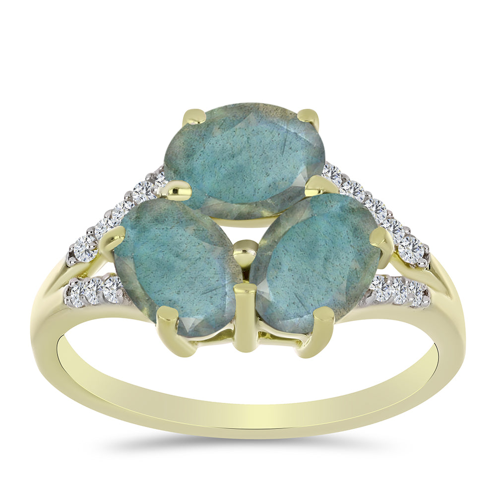 Anillo de Plata Bañada en Oro con Labradorita y Topacio Blanco 3 