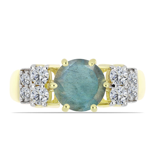 Anillo de Plata Bañada en Oro con Labradorita y Topacio Blanco