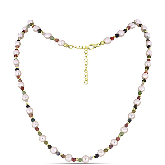 Collar de Plata Bañada en Oro con Chakra Turmalina y Perla de Agua Dulce