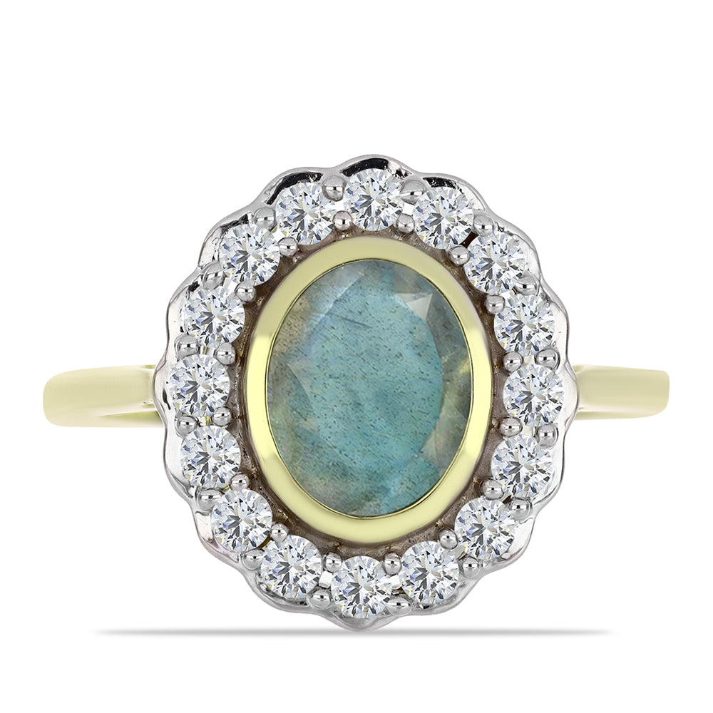 Anillo de Plata Bañada en Oro con Labradorita y Topacio Blanco 1 