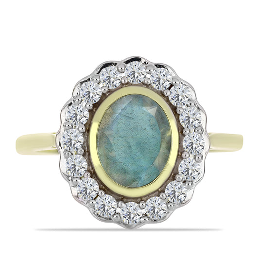Anillo de Plata Bañada en Oro con Labradorita y Topacio Blanco