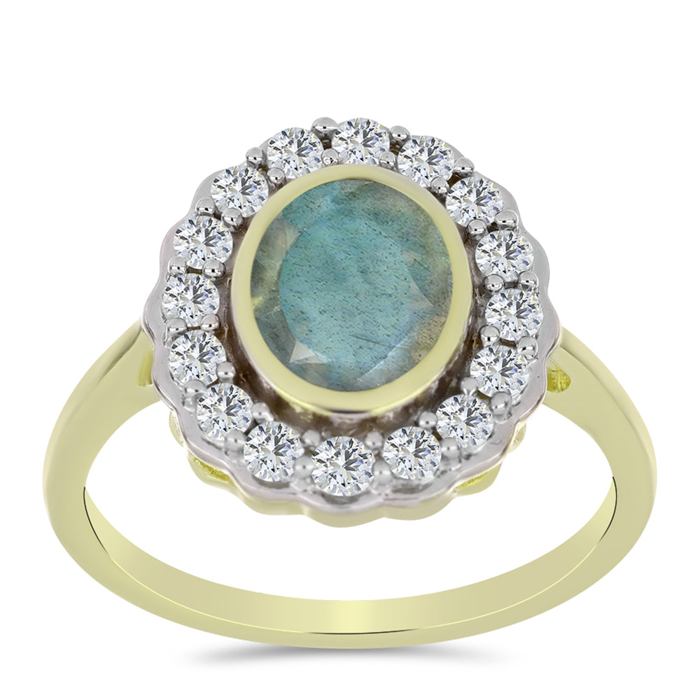 Anillo de Plata Bañada en Oro con Labradorita y Topacio Blanco 3 