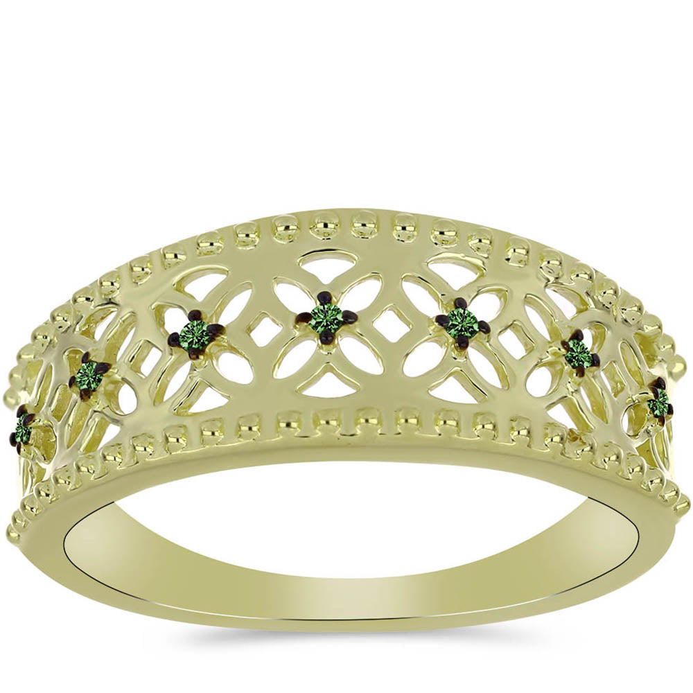Anillo de Plata Bañada en Oro con Diamante Verde