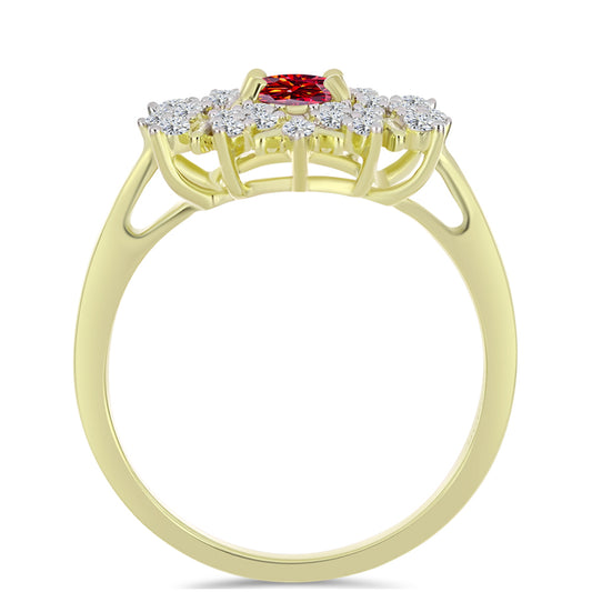 Anillo de Plata Bañada en Oro con Majestuosa moisanita roja y Topacio Blanco