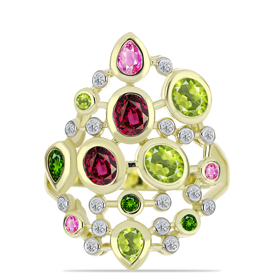 Anillo de Plata Bañada en Oro con Chakra Turmalina y Topacio Blanco