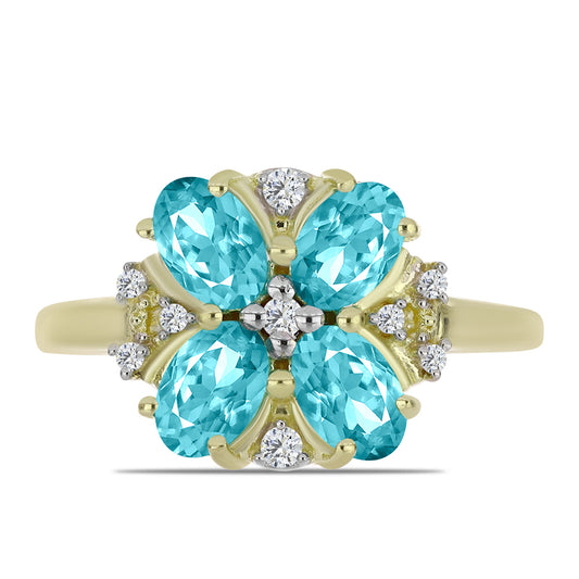 Anillo de Plata Bañada en Oro con Cuarzo Paraiba y Topacio Blanco