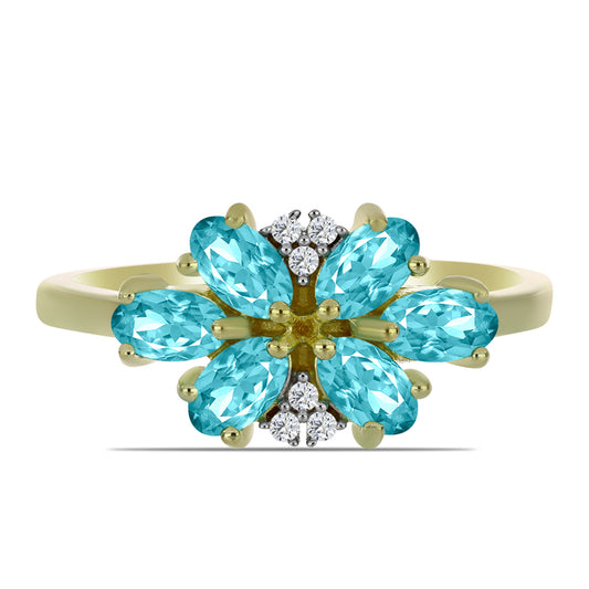 Anillo de Plata Bañada en Oro con Cuarzo Paraiba y Topacio Blanco