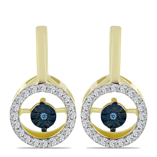 Pendientes de Plata Bañada en Oro con Diamante azul danzante y Topacio Blanco