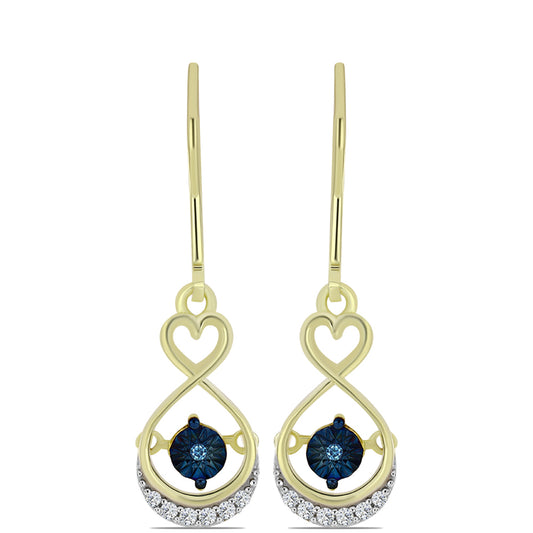 Pendientes de Plata Bañada en Oro con Diamante azul danzante y Topacio Blanco