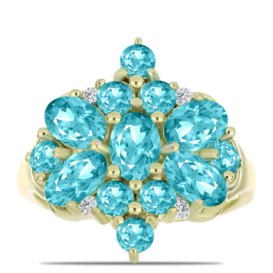 Anillo de Plata Bañada en Oro con Cuarzo Paraiba y Topacio Blanco