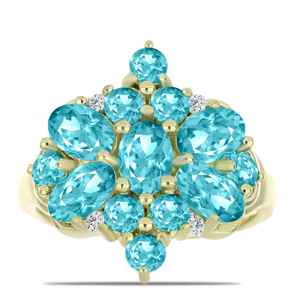 Anillo de Plata Bañada en Oro con Cuarzo Paraiba y Topacio Blanco 5 