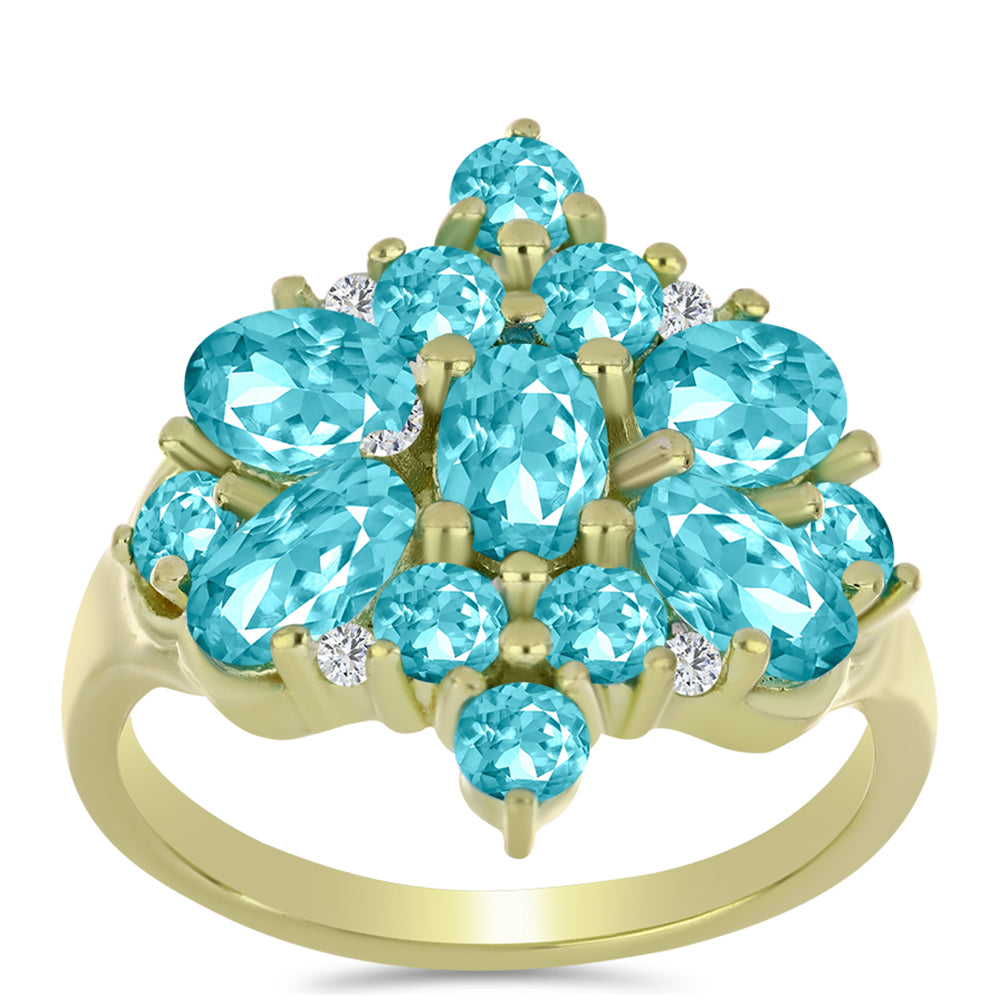 Anillo de Plata Bañada en Oro con Cuarzo Paraiba y Topacio Blanco 7 