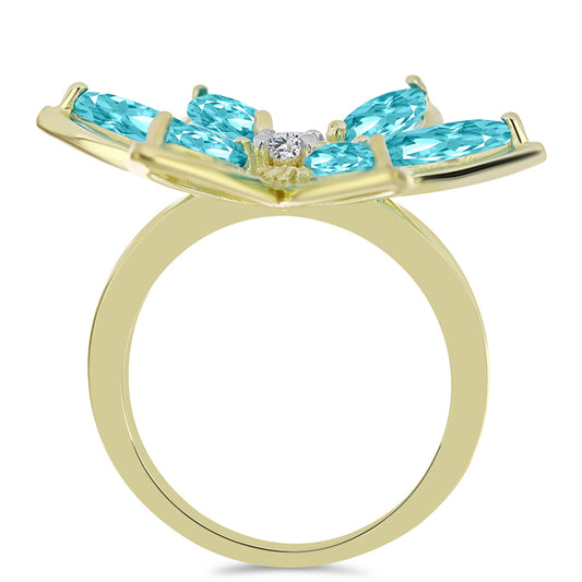 Anillo de Plata Bañada en Oro con Cuarzo Paraiba y Topacio Blanco